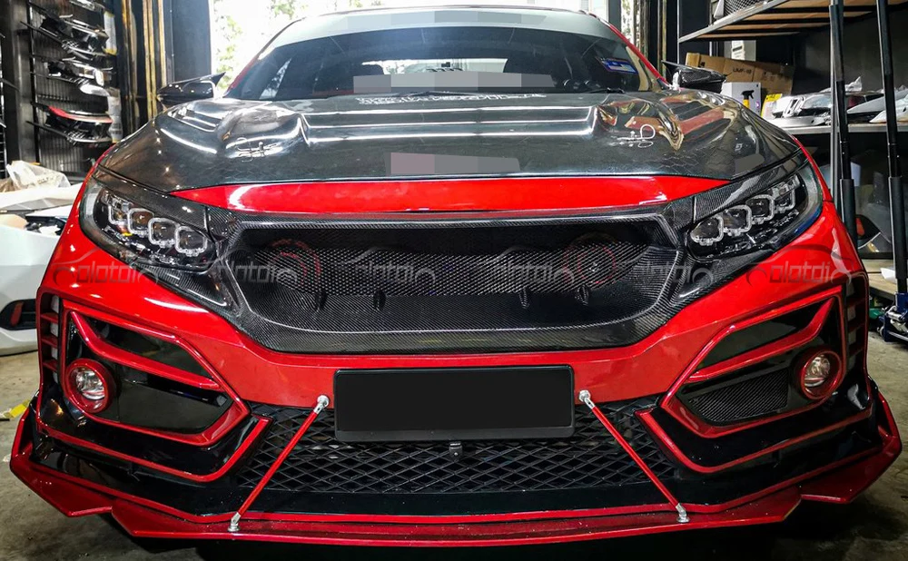 Carbon Fiber Style Front Bumper Grille For Honda Civic FD2 2006-2007 (JDM) - Black Honeycomb