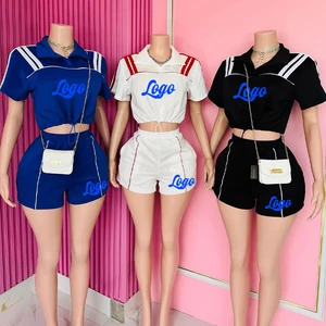 Manufacturer High Quality Short Sleeve Drawstring Crop Top & Shorts Sports Wear Knitted Custom logo Activewear Sets for Women