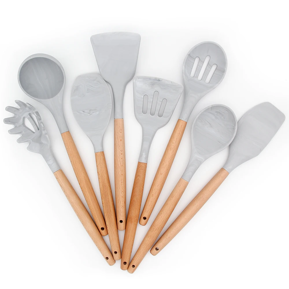 YF Hot Selling Kitchen Utensils Set with Natural Wood Handle Eco-friendly Silicone Cooking