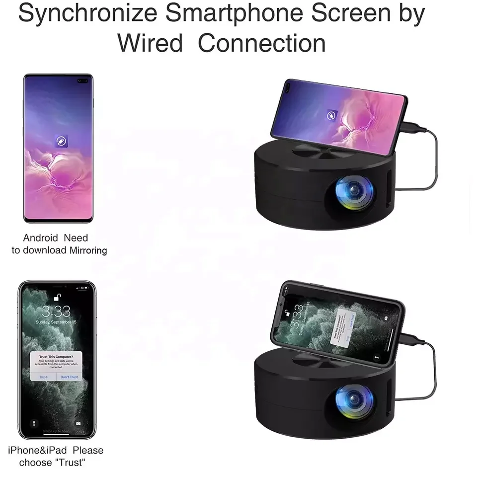 YT200 Mini Mobile Projector Home Use Palm Size Remote Projector Android System Wire Screen Mirroring Portable Projector