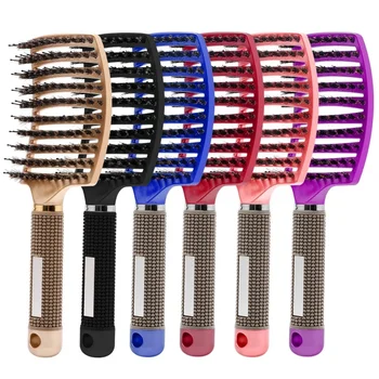 Wholesale Curved Vented Boar Bristle Hair Brush Wet Dry Hairbrush Curly Anti-Static Hollow Massage Paddle Detangling Comb Brush