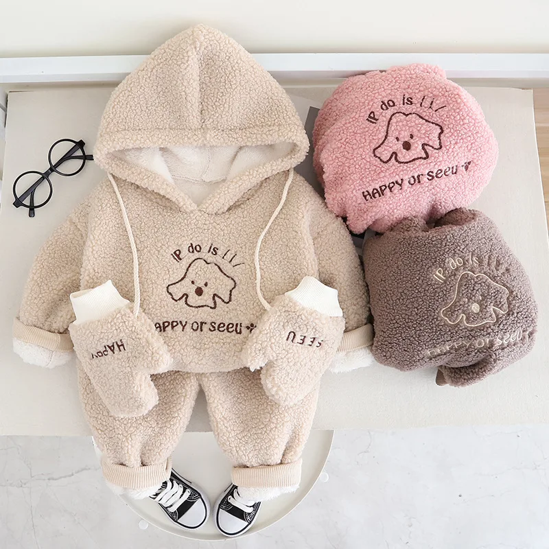 Factory Price Winter Plush Kids Clothes Sets Casual Hooded Top and Pants 2 Pieces Warm Boys Clothes Sets With Glove