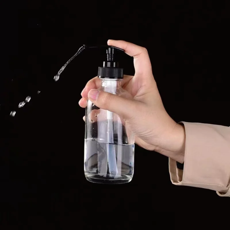 Empty 8 oz  250ml Airless Squeezable Glass Bottle with White Plastic Lotion Pump Wholesale