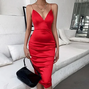 Red Black Spandex/Polyester Satin Halter Neck Sleeveless Pencil Casual Summer Dress Elegant Spaghetti Straps Knee Length Party
