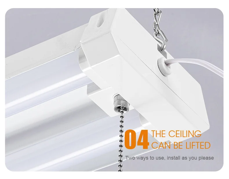 Industrial LED Shop Light, 4 FT, Linkable Integrated Fixture,  5000K Daylight, 4600 LM, Surface + Suspension Mount, Pull Chain,
