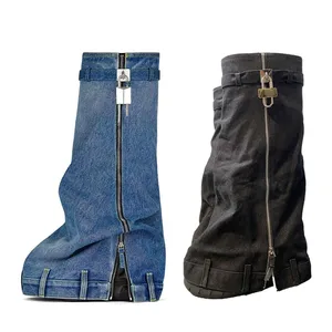 2022 Autumn Winter Thick-Soled Denim Boots Round Toe Zip Closure Knee-High Wedge Heel Breathable Casual Women's Shoes