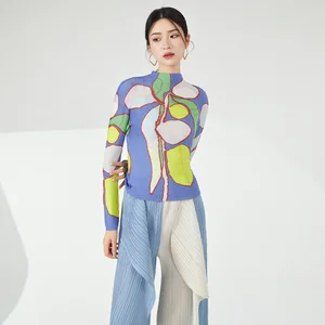 Ladies' High Quality Pleated Shirt Vintage Summer T-Shirt Top Elastic Print Floral Pattern Unique Long-Sleeved Casual Style