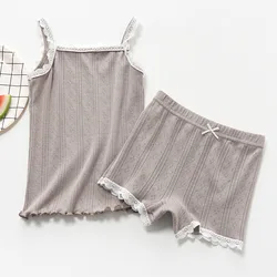 Детская одежда для малышей, детские летние комплекты одежды для маленьких девочек, Хлопковый вязаный жилет и шорты с кружевом, одежда для малышей, короткий комплект