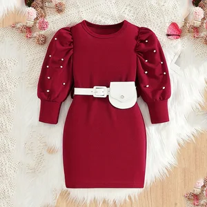 Vintage Girls' Straight Casual Dress Red Crew Neck Lantern Sleeves Waist Bag Pearl Decoration ODM Autumn Winter Kids Clothes