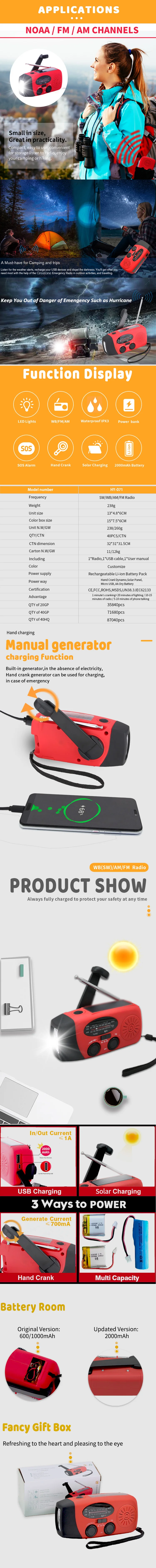Outdoor Waterproof Dynamo Emergency Torch New Hiking Radio with Hand Crank 3 Model Flashlight SOS Alarm