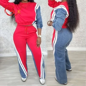 GX78512 Fashion Spring 2026 Clothing Boutique Lady Sexy Street Wear Women Long Sleeve Denim Patchwork Tops and Pant 2 Piece Set