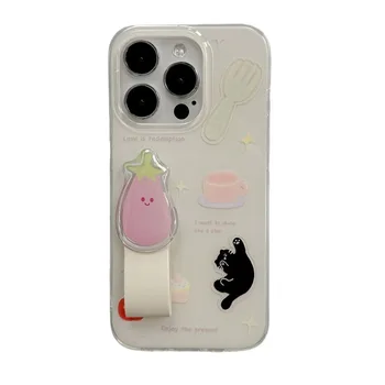 Cartoon Funny 3D Eggplant Cat Buckle Ring Shockproof Protective Mobile Phone Back Cover Cases For iPhone 13 14 15 Pro Max Case