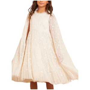 Elegant Children's Sleeveless Knee Length Evening Dress with Cape Girls Kids Sequined Tulle Party Gown