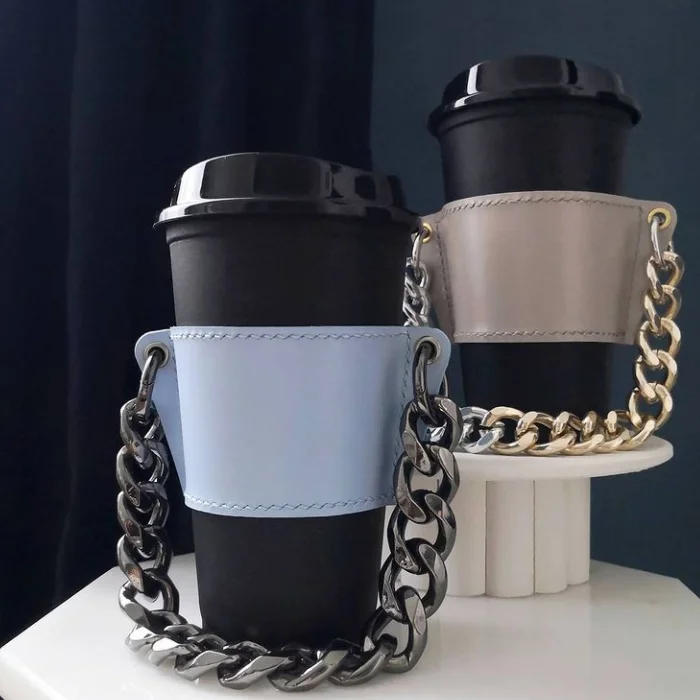 LEATHER Reusable Cupholder & Chain Handmade Coffee Cup -  Israel