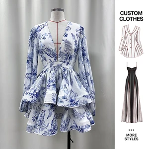 Custom New Design Women Summer Cross-border Elegant Beach Fashionable V-neck Long Sleeve Printed Lotus Leaf Edge Short Dress