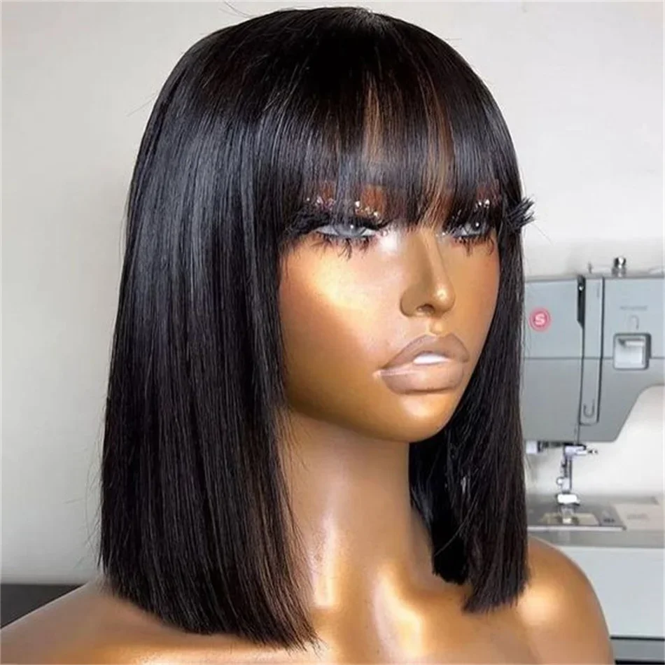 Highlight Brown Bone Straight Human Hair Bob Wig With Bangs_voghion.com