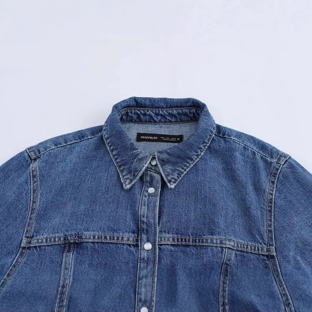 Damekjoler i ny mote: mini-kledning i jeansstoff med joker-mønster, revers og knapper, retro-stil med lange ermer, vestidos Eden