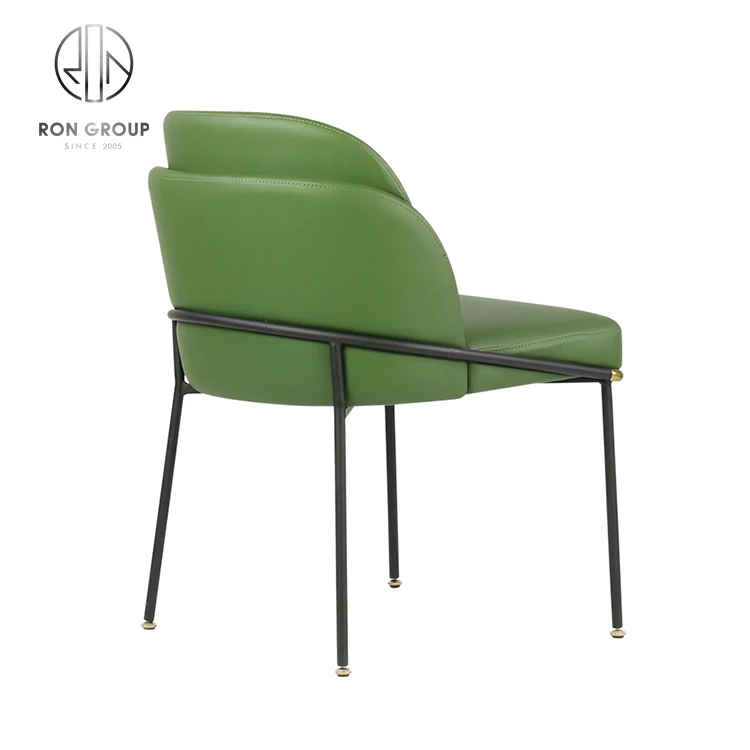 Classical Black Metal Frame Real Leather Dining Chair for Restaurant Kitchen With Green Armrest