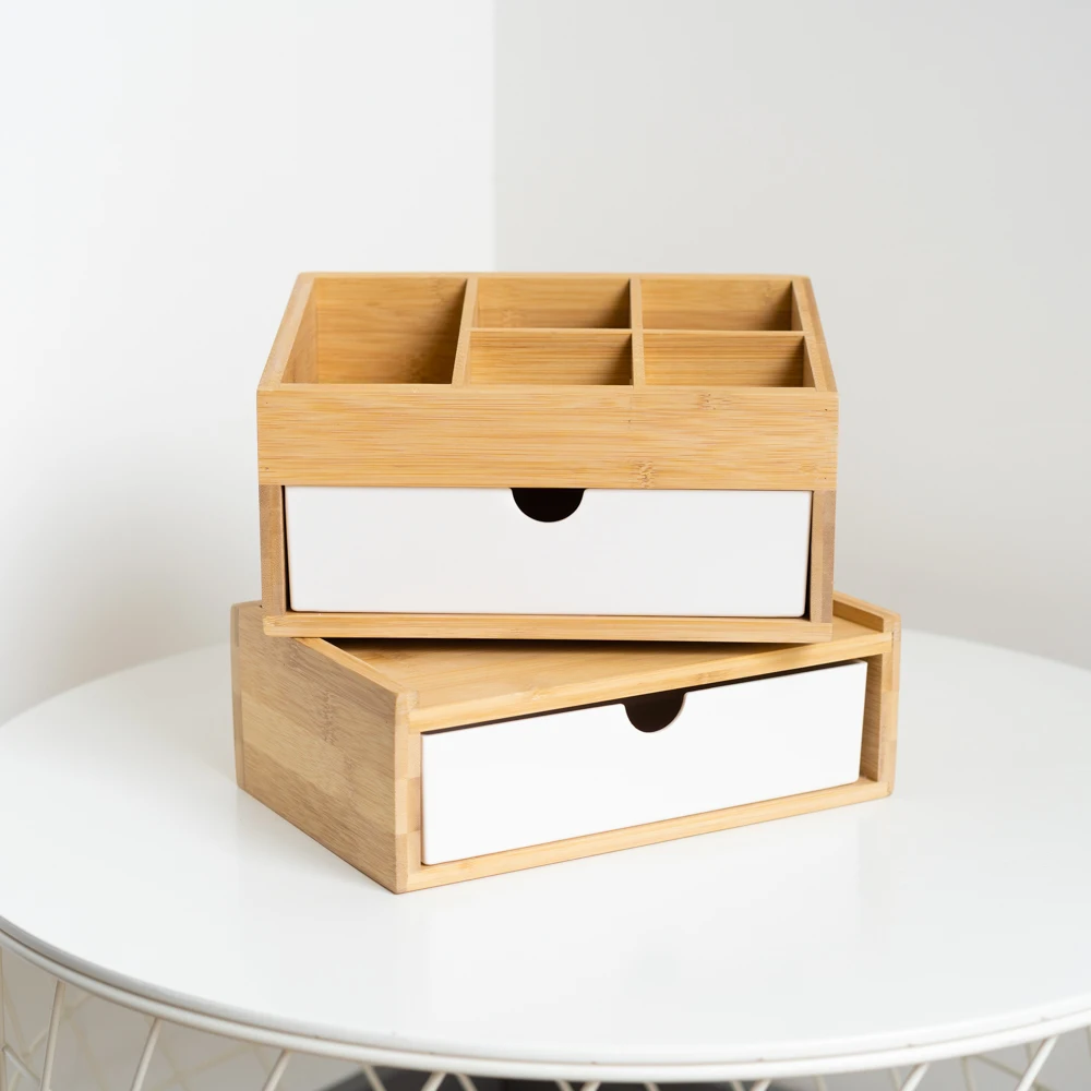 Large capacity Eco-friendly multi-function bamboo desktop makeup organizer office storage box with drawers