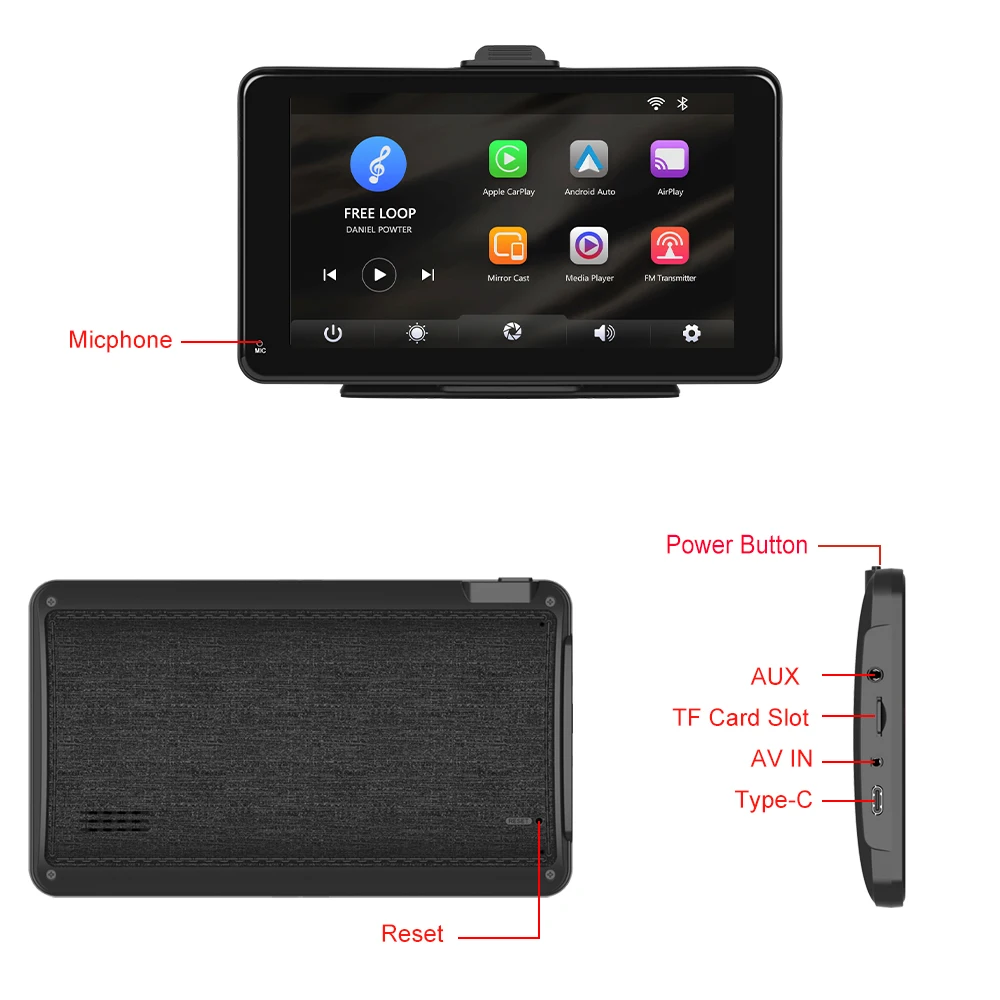Podofo 7'' Portable Car Radio Stereo Autoradio Wireless Carplay Android Auto Wifi BT Touch Screen Smart Monitor Tablet TV