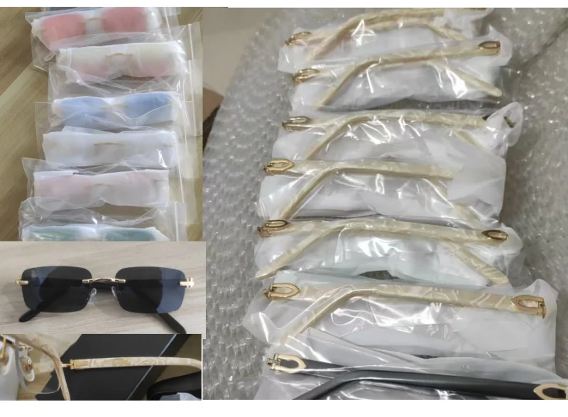 Custom Color Buffalo Horn Small Square Pearl Sunglasses Rhinestone Diamond Shades Retro Trendy Bling Rimless Sunglasses Women