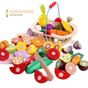 Montessori Educational Toys Kitchen Wooden Cutting Toy Crate of Cut and Play Fruit and Assorted Vegetable Set Pretend Play Toyw