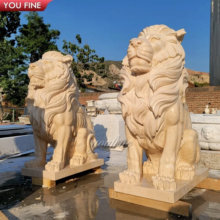 Hand Carved Life Size Natural Marble Lion Statue Garden Decoration