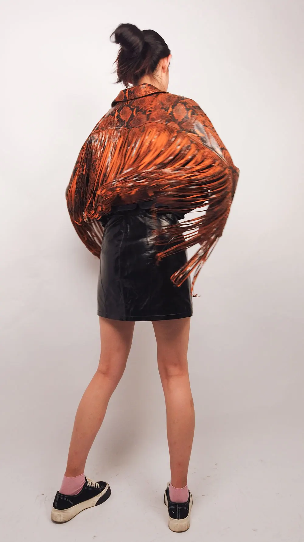 Woman's Faux PU Leather Fringe Jacket with Crocodile Skin Pattern