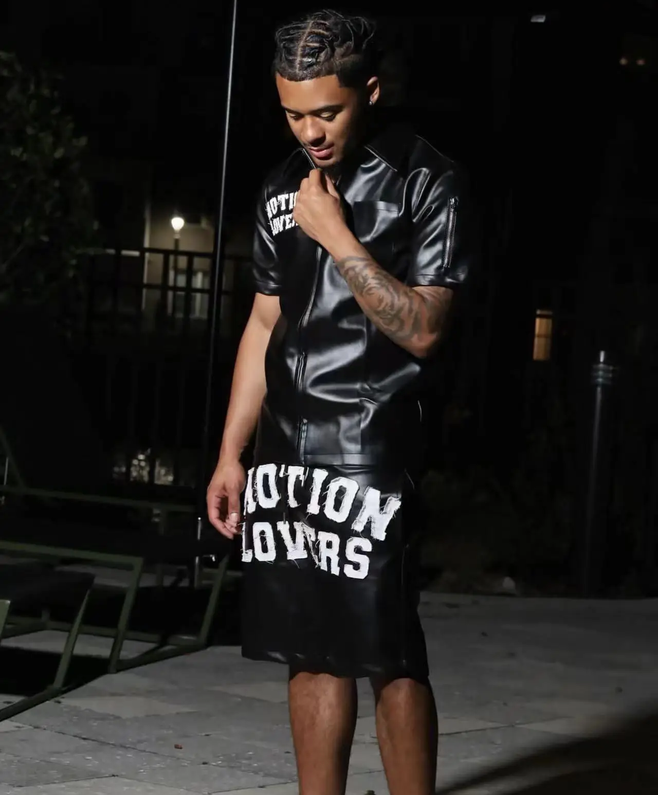 Custom Mens Zip up Pu Lapel Jacket Shorts Set Patches Embroidery Leather Short Sleeve Jacket and Sweat Shorts Set for Men gallery 2