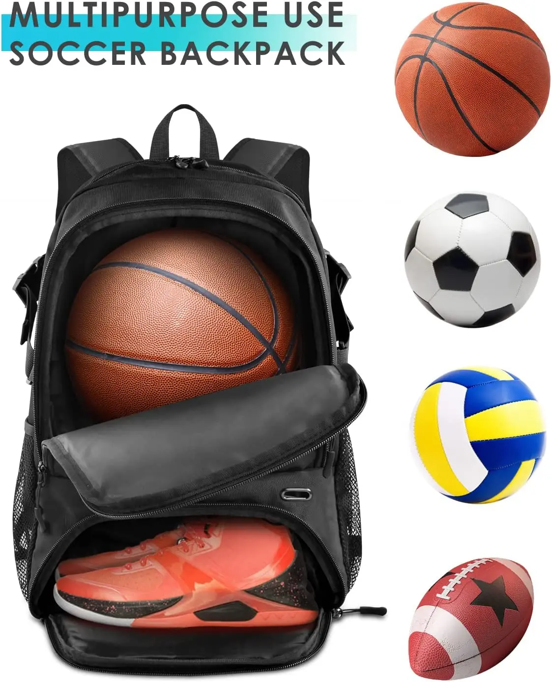 Sports Soccer Basketball Bag Volleyball Football Gym Backpack with Anti-Theft Zipper USB Port Polyester Lining Shoe Compartment