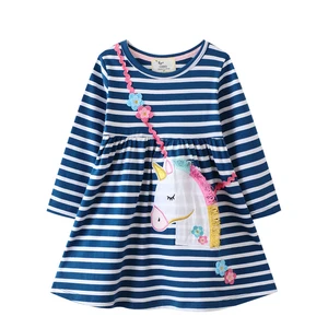 YOEHYAUL Cotton Long Sleeve Striped Cheap Girls Dresses Cartoon Unicorn Embroidered Casual Babies Cute Dresses for Girls