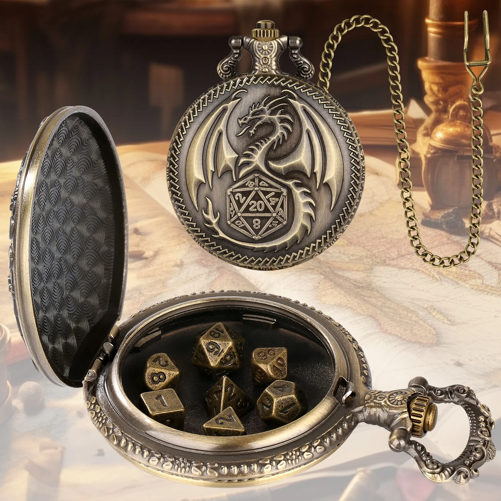 Dungeons and Dragons Mini Metal Dice Set Portable Pocket Watch
