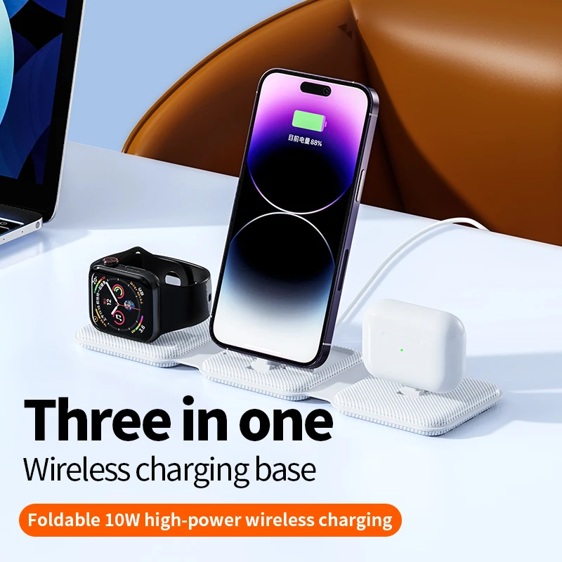 Folding 3-in-1 Wireless Charger Portable Slim Charging Pad Multi-Devices Charging Station for Cellphone Watch Earphones