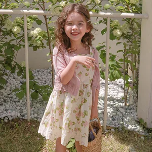 Summer Girl's O-Neck Cotton Strap Skirt Kids Floral Casual Lace Knee-Length Taffeta Vest for Baby Girls Clothes for Kids
