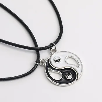 Wholesale Black And White Enamel Yin Yang Gossip Pendant Lovers Necklace Leather Rope Necklace