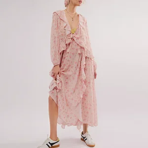 Hot Selling Womens Summer Long Sleeve Midi Dresses Custom Loose Fit Ruffle Detail Ladies Floral Printed v Neck Chiffon Dress