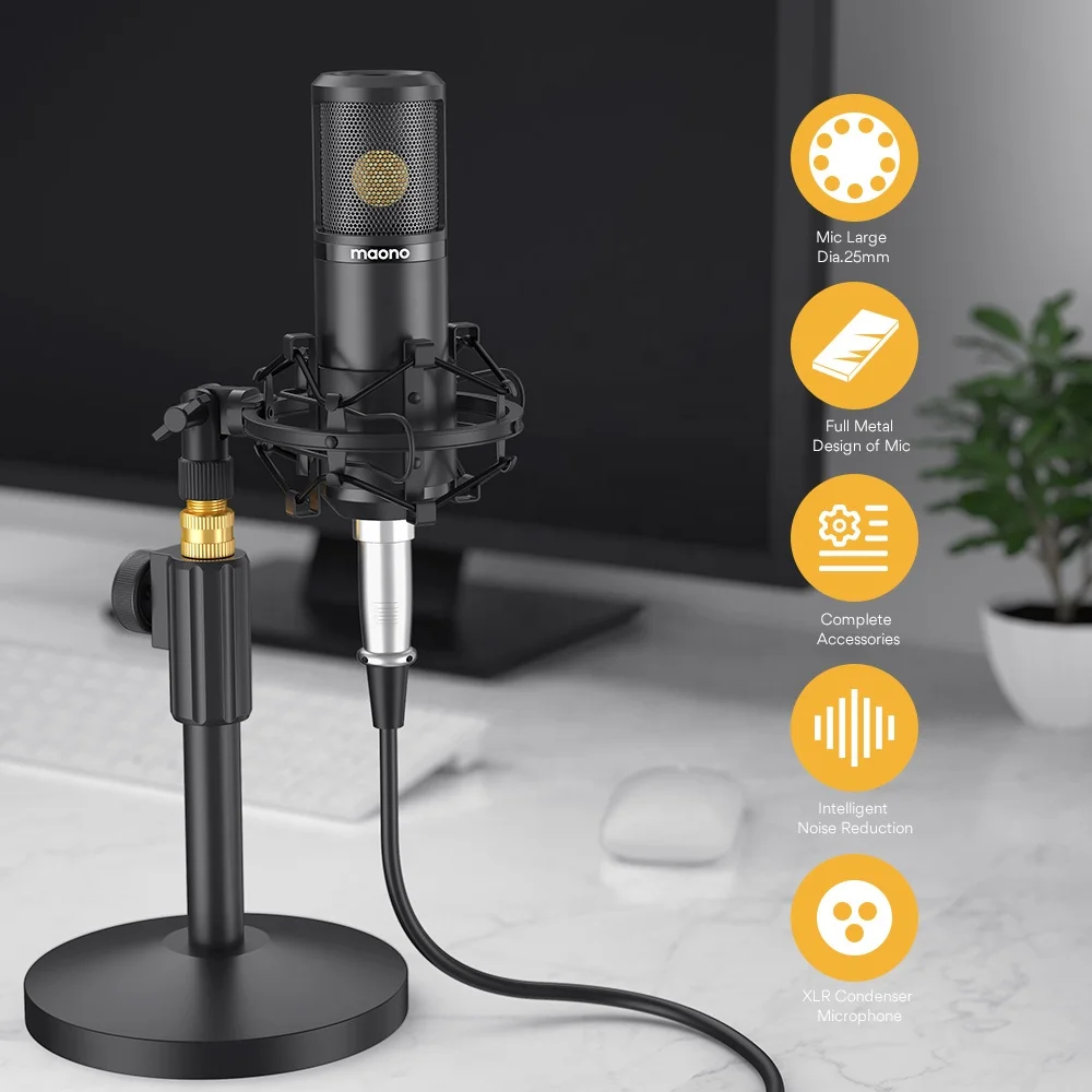 MAONO コンデンサーマイク 25mm大型ダイアフラム付き プロフェッショナルカーディオイドスタジオコンデンサーレコーディングマイク 3.5mmXLR ポッドキャスティン : MAONO XLR-3.5mmマイク コンデンサーマイク マイク