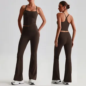 Wholesale Women's Sports Gym Workout Sets Breathable Seamless Flared Pants & Crop Top 2-Piece Yoga Fitness Wear Solid Pattern
