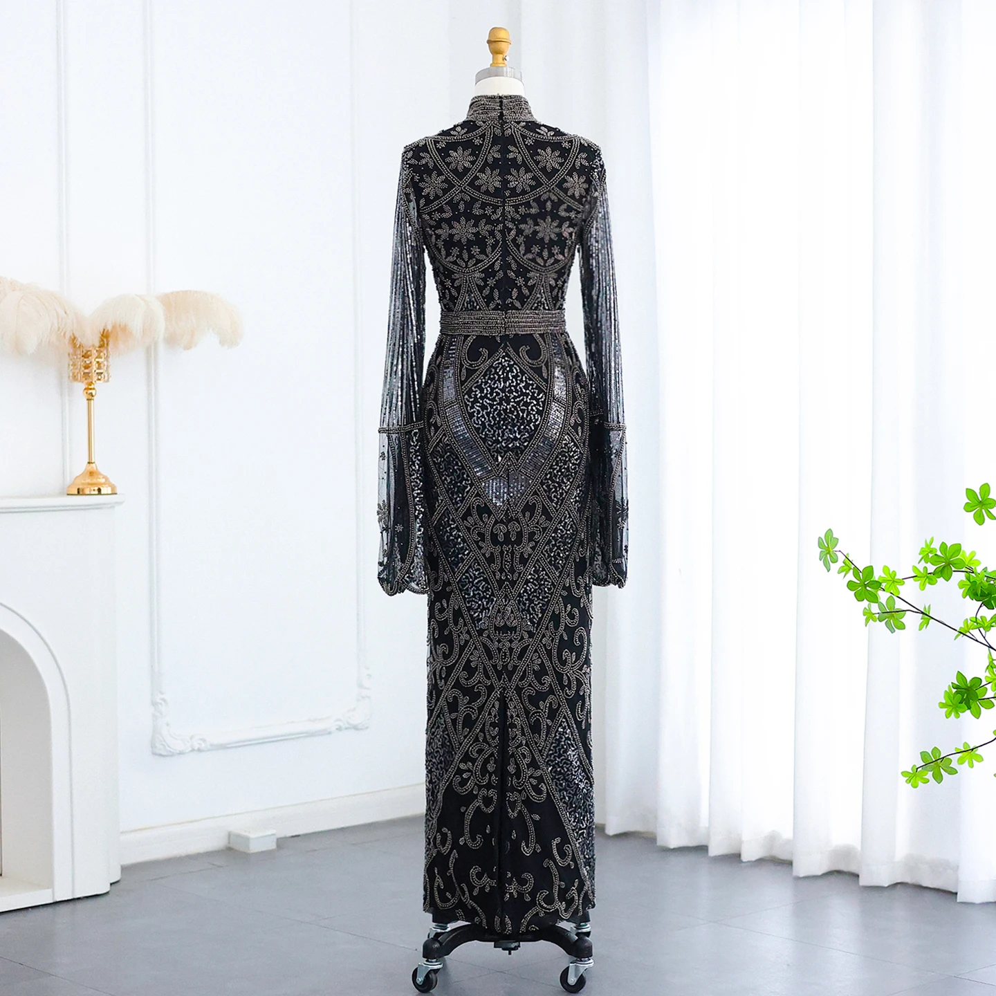 green emerald velvet dress Modest Muslim Womens Glamor Mesh Overlay Formal Dress with Embellished Rhinestones