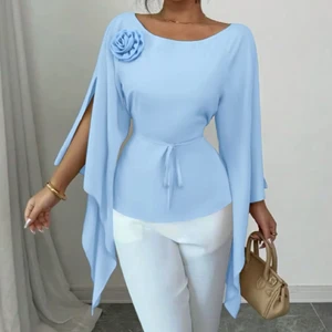 2025 New Women's T-shirt Elegant Style Split Long-sleeved Shirt Waist-cinching Pullover