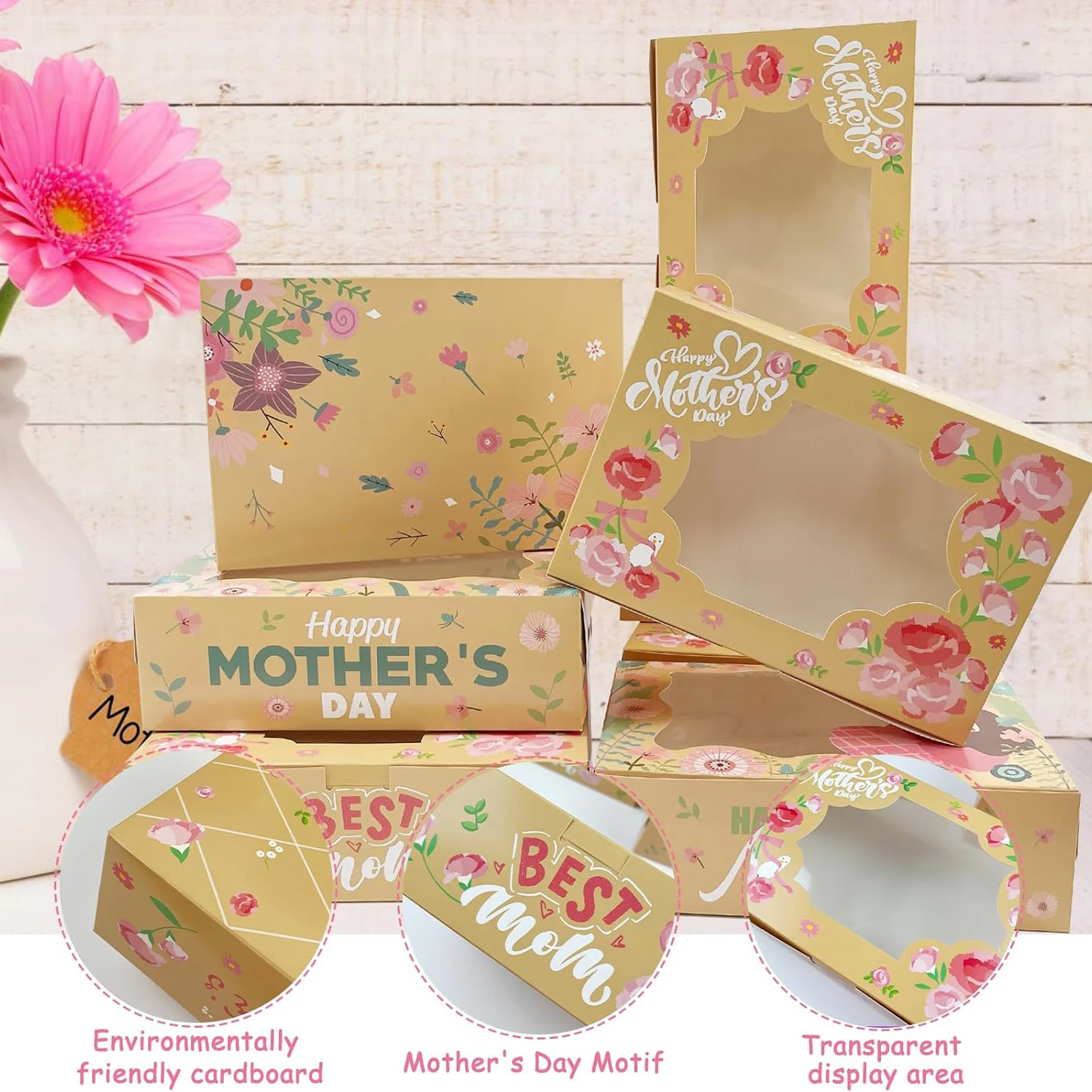 Brown Cardboard Box and square Transparent Window Brand logo Custom Floral Pattern Mother's Day Fortune Cookies Packing