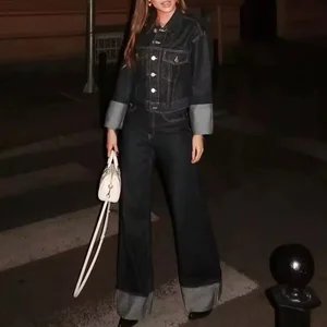 6045205 Autumn Women Denim Two Piece Set Vendor Single Breasted Long Sleeves Denim Jacket and Jeans Trousers 2 Piece Pant Set