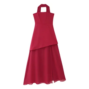 Solid Color Sleeveless Summer Casual Fashion Long Halter Dress for Women Breathable Midi Length Natural Available 3 Colors