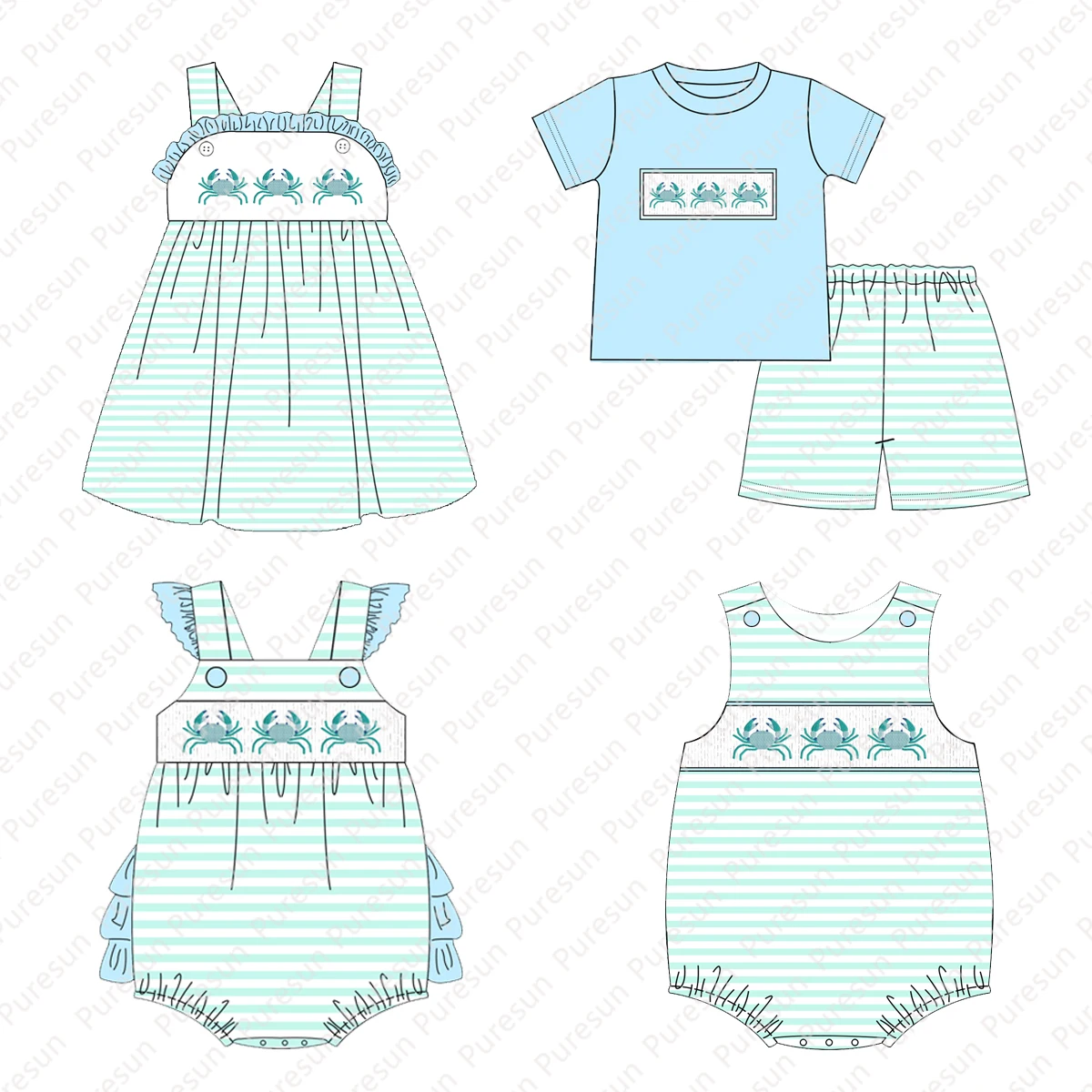 Лидер продаж, детские летние комплекты одежды из 2 предметов, детская одежда для маленьких девочек, наряды с дымчатыми оборками в виде крабов