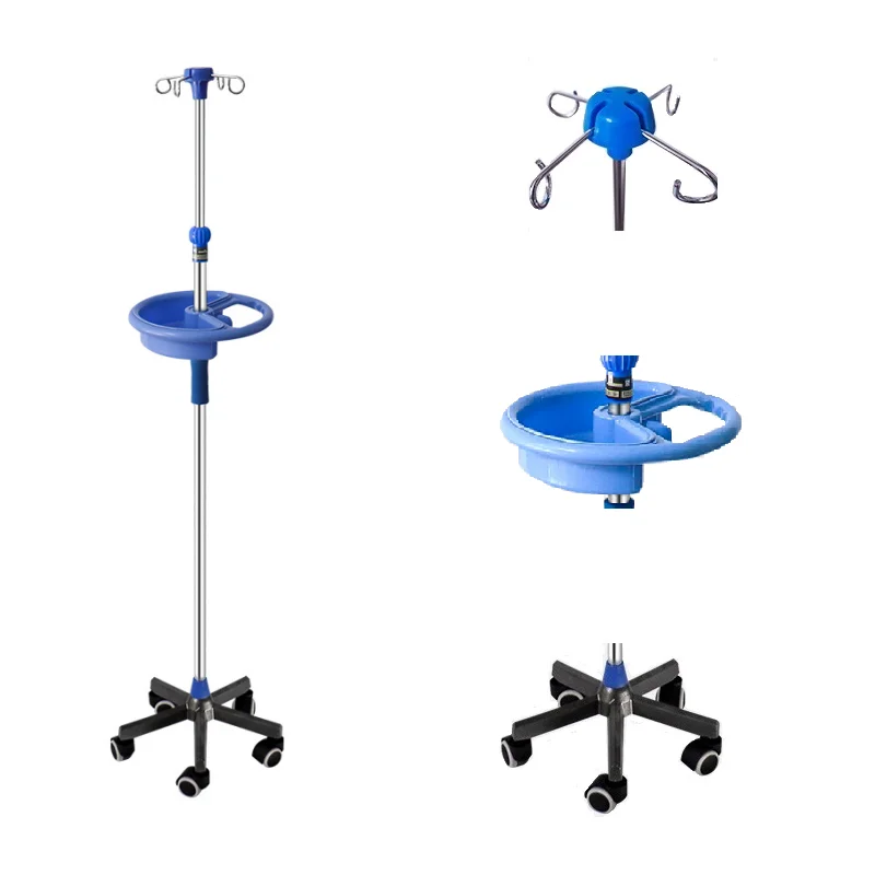 Hospital and Clinic Medical Adjustable Mobile IV Pole Drip Stand 4 hooks and Round cartridge infusion stand supplier