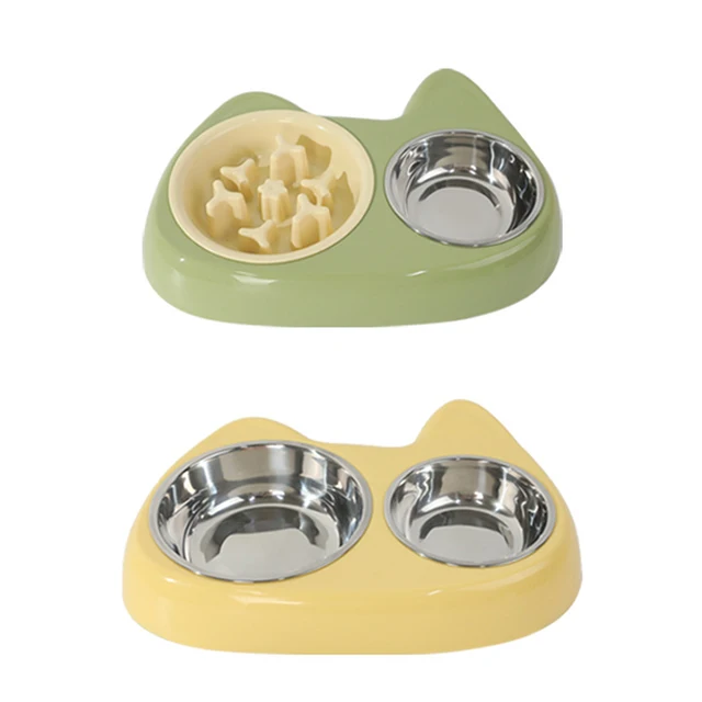 Amaz Best Seller 2 In 1 Double Pet Food Bowl Stainless Steel Slow Feeder Dog Bowl Cat Anti-Skid Rounded Bowl