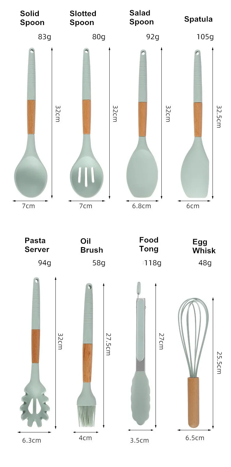 Silicone Cooking Utensils Set with Holder Bucket Heat Resistant Detachable Handle Kitchen Cooking Tool Mint Green