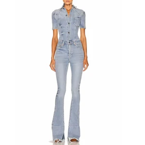 Wholesale Distressed Washed Frayed Hem Slim Jumpsuit Short Sleeve Pocket Sexy Denim Jumpsuits