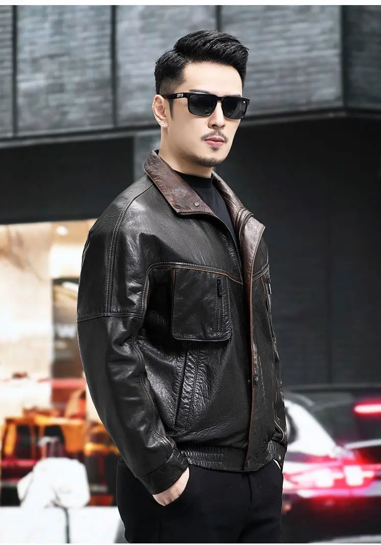 Men's Vintage Bomber Coat Thicken Cargo Motorcycle Jacket Biker Jackets European Winter Warm Real Leather Knitted_voghion.com