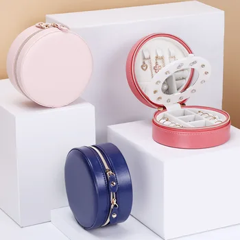 Round Portable Jewellery Box PU Leather Small Earrings Necklace Ring Storage Box joyero portatil Jewelry Package Box For Women